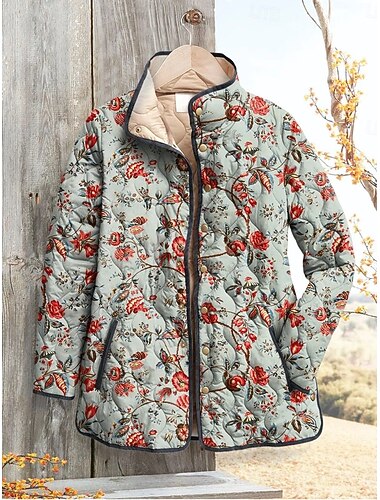  Mujer Chaqueta de Invierno Chaqueta acolchada Mantiene abrigado Cómodo Bolsillo Botones Estampado Moda Diario Exterior Floral Vacaciones Casual Diario Botonadura Simple Regular Escote Chino Ajuste