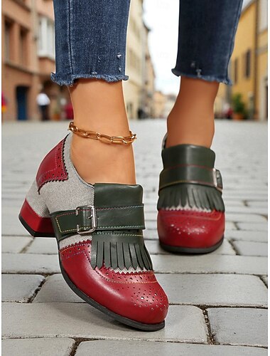  Scarpe stringate da donna in stile retrò anni '50 con tacco a blocco, cinturino a T e frange, design unico a blocchi di colore per uno stile casual, quotidiano e street.