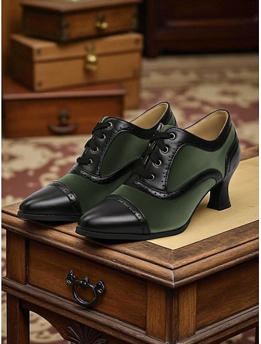  Oxford-Schuhe im Edwardian-Stil der 1920er-Jahre mit Schnürung und Kitten Heel – Vintage-Brogue-Pumps aus zweifarbigem Samt und Kunstleder für Gatsby-Partys und formelle Anlässe