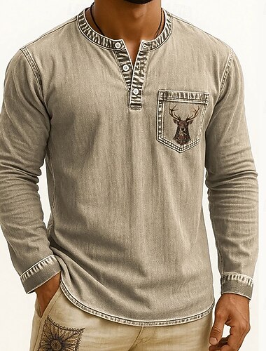  Homens Camisa Henley Camisetas T-shirt Camisa de manga longa Manga Longa Henley Outono Inverno Rena Veado Moda Designer Tingimento em peça Desaparecido Moda Férias Rua Para Noite Castanho Escuro Azul
