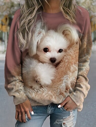  Γυναικεία Pullover Φούτερ Σκύλος Μοντέρνα Κομψό στυλ street Κλασσικό Μακρυμάνικο Στρογγυλή Ψηλή Λαιμόκοψη Κανονικά μπλουζάκια Καθημερινή Ένδυση Causal Στάμπα Χακί Άνοιξη Φθινόπωρο Χειμώνας