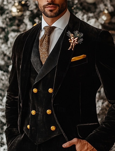  De los hombres Navidad Casual Trajes de fiesta Solapa Redonda Negro Navidad Diario Color sólido A Medida Juego de 3 piezas Recto 1 botón