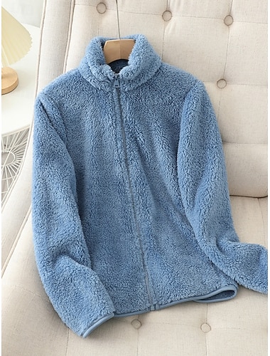  Dam Sherpajacka Bekväm Andningsfunktion Dragkedja Ficka Ledigt Slät Semester Gata Ledigt Dagliga kläder Dragkedja Normal Hög krage Normal Långärmad Ytterkläder Vit Rodnande Rosa Blå Vår Höst