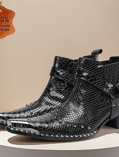  Men's Black Cowhide Crocodile Pattern Chelsea Boots – Pointed Toe Western Style Ankle Boots with Buckle Detail for Party, Stage Performance and Fashion Streetwear