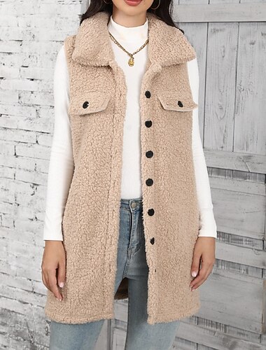  Per donna Gilet Confortevole Tasca Bottoni Casual Tinta unica Vacanza Streetwear Casuale Abbigliamento quotidiano Regolare Lungo Collo ripiegato Vestibilità regolare Senza Maniche Capispalla Cachi