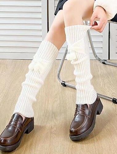  Calzini alti fino al ginocchio con fiocco in stile lolita, copricalzini arricciati in tinta unita, stile uniforme scolastica jk, calzini lavorati a maglia da donna per la primavera e l'estate