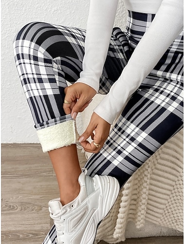  Mulheres Calças de lã Leggings leggings forradas de lã Férias Moda Roupa de rua Comprimento total Cintura Alta Xadrez Estampado Corte alto Confortável Macio Com Stretch Férias Casa Rua Preto Vermelho