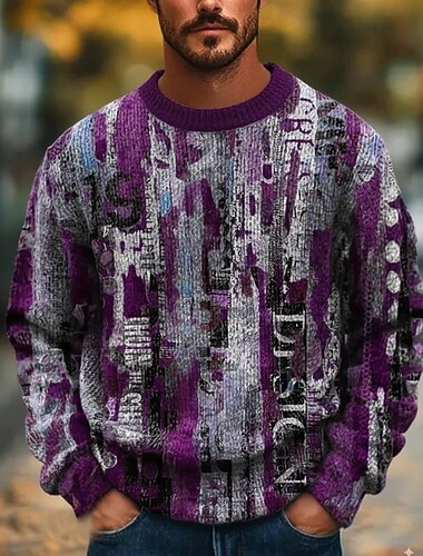  Herre Geometrisk Fargeblokk Pullover genser Strikketøy Crewneck Retro / vintage Fritid Feriereise Hjem Gate 3D-utskrift Strikking Hold Varm Langermet Vår Høst Vinter Blå Oransje Ametyst