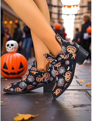  stivaletti da donna con zucca di Halloween e ragnatela: stivaletti bassi con tacco basso per feste in maschera, cosplay e moda autunnale
