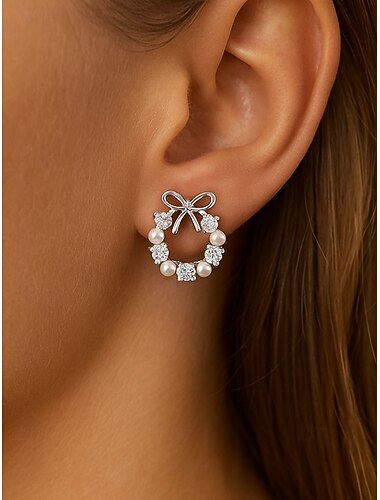  Pendientes de lazo de perla para mujer: elegantes pendientes de corona con detalles de cristal, joyería de moda para damas y regalo de Navidad.