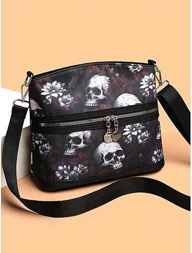  Dámská crossbody kabelka přes rameno s potiskem lebky – gotický květinový vzor, ležérní kabelka z umělé kůže na halloweenskou párty i každodenní nošení