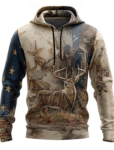  Homens Veado Moletom Moda Clássico Gola Redonda Ao ar livre Caça Branco Marron Com Cordão Outono Inverno Designer