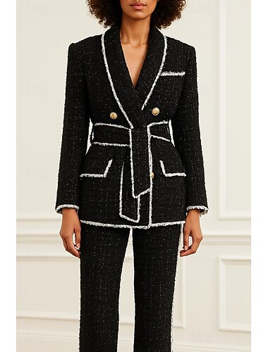  Blazer feminino de tweed com botões de metal, casaco esportivo formal para convidados de casamento, tweed elegante, manga comprida, lapela xale, abotoamento duplo