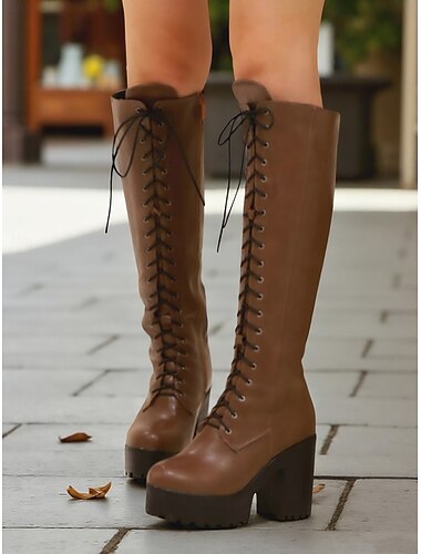 Zwarte platform veterlaarzen voor dames, kniehoog - imitatieleren gothic laarzen met dikke hak voor herfst/winter streetwear, dagelijkse outfits en Halloween-mode