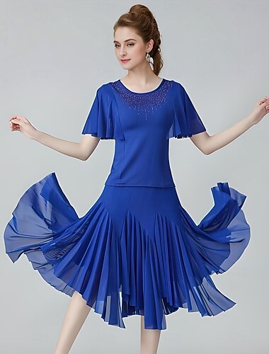  Latin Dance Skirts Cascading Ruffles Ruching Split Joint Women's Performance Training Short Sleeve Natural Polyester