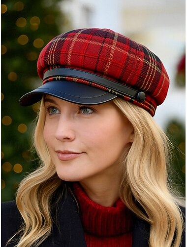  Dames geruite krantenjongenspet met PU-leren klep, vintage Gatsby Baker Boy-pet in meerdere kleuren, stijlvol kerstfeestaccessoire en wintercadeau