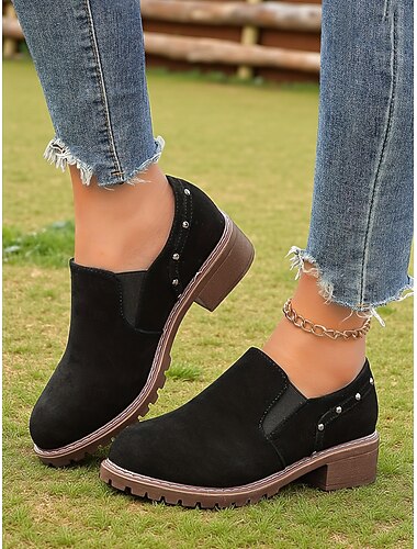  Zapatos sin cordones para mujer en marrón claro con detalle de tachuelas, zapatos casuales de tacón bajo de estilo retro para uso diario