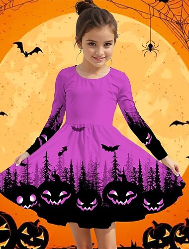  Halloween Flickor 3D Pumpa Fladdermus Klänning Långärmad Sommar Vår Semester Dagligen Helgdag Prinsessa Skön Ljuv Barn 4-12 år Vardagsklänning A linjeklänning Knälång Normal
