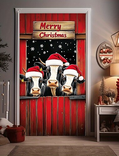  Christmas Door Cover Merry Christmas Nativity Stable Skeleton Santa Claus Holiday Winter Drapes Festive Home Decoration Curtain Large Seasonal Decoration for Living Room Bedroom