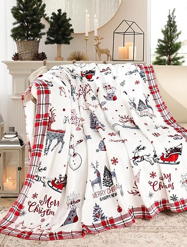  Juleteppe av reinsdyrflanell, ultramykt, varmt plysjteppe, ferieseng &sofadekorasjon til vinteren