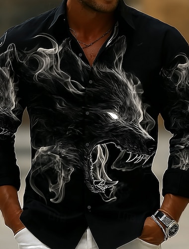  Herre Røykete Dyr Ulv Skjorte Skjorte med knapper Langermet Vintage retro Gateklær Ferie Vår Høst Aftæpning 3D-utskrift krage skjorter Svart