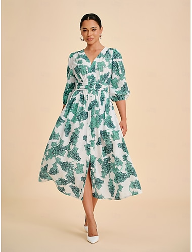  Per donna Femminile Vestito Casual Abito Midi Verde Menta Frutta Estate Primavera Autunno Scollo a V Elegante S M L