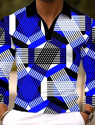  رجالي هندسي بولو ستايل كم طويل قمصان البولو Lapel كاجوال الأماكن المفتوحة شارع ملابس الرياضة مناسب للبس اليومي طباعة ثلاثية الأبعاد Buttons الربيع الخريف الشتاء أحمر أزرق