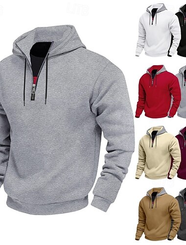 Herr Huvtröja Tröja med tröja Huvtröja med dragkedja i Quarter Huvtröja i fleece Aprikos Svart Vit Rubinrött Vinröd Huva Slät Dragkedja Ficka Sport & Utomhus Ledigt Dagligen Streetwear Häftig