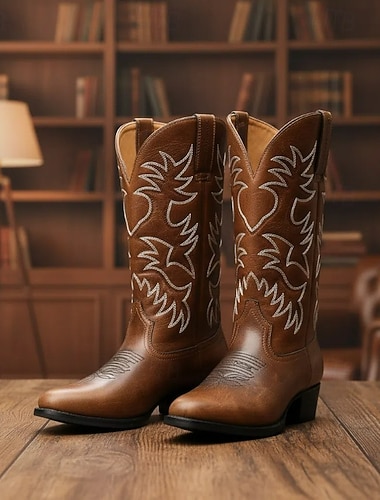  stivali da cowboy western da uomo in similpelle marrone e nero vintage con ricami intricati - resistenti ed eleganti per rodeo e uso quotidiano