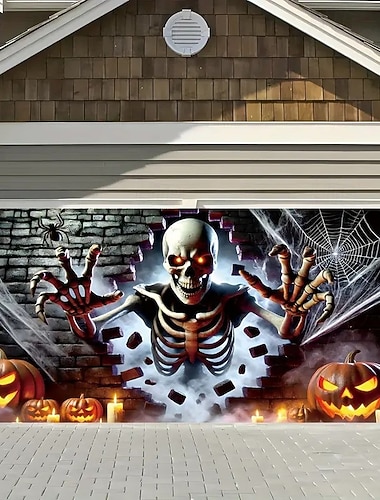  Copertura per porta da garage di Halloween, teschio, zucca e ragno, striscione, casa stregata, scena horror, sfondo spettrale, arazzo per muro esterno, recinzione, cortile, decorazione per festa di