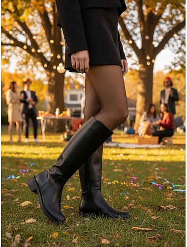  Botas femininas de couro sintético até o joelho com zíper lateral e salto baixo, calçados urbanos elegantes
