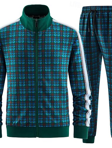  Férfi Kockás Mértani 2db 3D pulóver készletek Tracksuit Cipzáras pulóverek Hosszú ujj Hosszú nadrág Állógallér Sportos Szabadtéri Vakáció Sport Nyomtatott Becipzároz Tavasz Ősz Kék tó Medence Barna