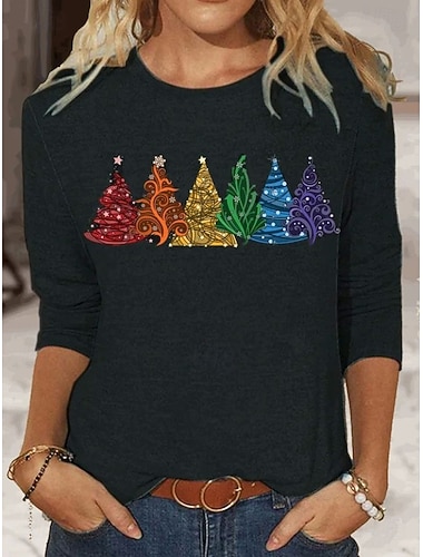 Weihnachten Damen T Shirt Grafik Weihnachtsbaum Vintage Mode Stilvoll Langarm Rundhalsausschnitt Rundhals Normale Oberteile Täglich Wochenende Druck Schwarz Rote Blau Grün Khaki Frühling Herbst Winter   Weihnachten Damen T Shirt Grafik Weihnachtsbaum Vintage Mode Stilvoll Langarm Rundhalsausschnitt Rundhals Normale Oberteile Täglich Wochenende Druck Schwarz Rote Blau Grün Khaki Frühling Herbst Winter