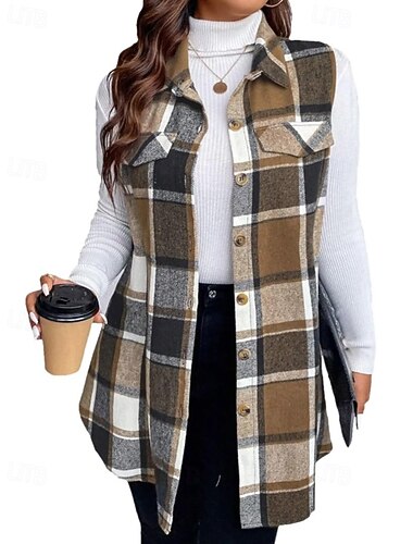  Per donna Gilet Confortevole Tasca Bottoni Casual Plaid Vacanza Streetwear Casuale Abbigliamento quotidiano Regolare Collo ripiegato Vestibilità regolare Senza Maniche Capispalla Nero Rosso Arancione