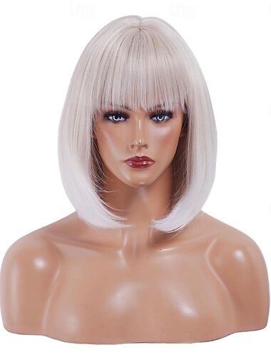 Valkoinen lyhyt platinanvärinen polkkatukkaperuukki otsatukalla, ombre-vaaleista synteettisiin, lämmönkestäviin 12 tuuman peruukkeihin naisille