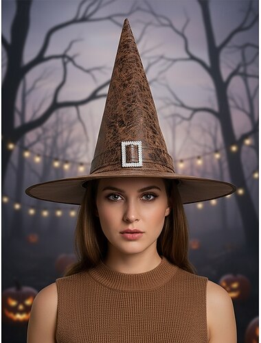 Zwarte bruine Halloween heksenhoed voor dames - vintage puntige tovenaarshoed met gesp, klassieke kostuumaccessoire voor cosplay en feestoutfits