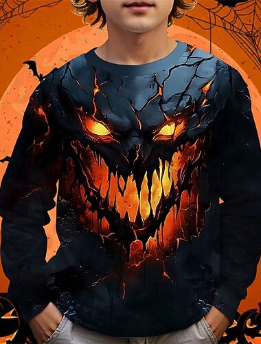  ハロウィーン 男の子 3D グラフィック Tシャツ Ｔシャツ 長袖 春 秋 ファッション ベーシック 子供 4〜12年 クルーネック アウトドア カジュアル 日常 レギュラー