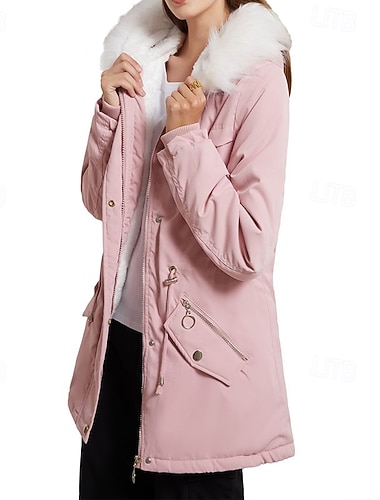  Női Télikabát Anorák Melegen tartani Kényelmes Fur Trim Cipzár Zseb Övvel Alkalmi Sima Vakáció Utca Hétköznapi Hétköznapi viselet Hosszú Kapucni Normál Hosszú ujj Felsőruházat Haditengerészet Fekete