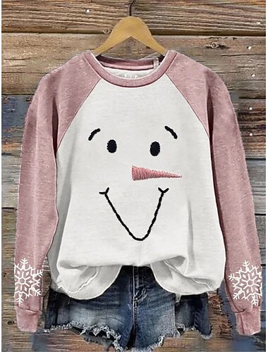  Γυναικεία Pullover Γραφική Χιονάνθρωπος Καθημερινό Μακρυμάνικο Στρογγυλή Ψηλή Λαιμόκοψη Κανονικά μπλουζάκια Causal Αργίες Μαύρο Ανθισμένο Ροζ Άνοιξη Φθινόπωρο Χειμώνας