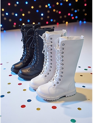  Buty dla dziewcząt w kolorze białym, sznurowane, sięgające do kolan, z zamkiem błyskawicznym z boku, z grubą podeszwą, modne zimowe obuwie do występów scenicznych i na co dzień