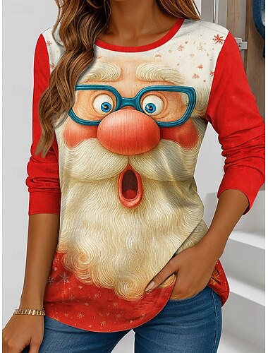  Рождественская Женская Футболка Санта-Клаус Графическая Винтажная Стильная Классическая Длинный Рукав Круглый Вырез Обычные Топы Выходные Принт Вино Красный Синий Темно-серый Серый Зима