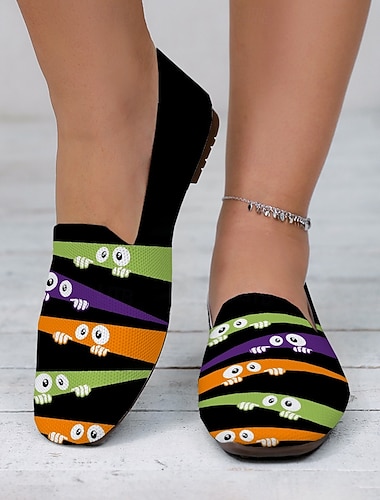  Women's Halloween Cat Print Loafers – Black and White Flyknit Slip-on Shoes with Cute Cartoon Design for Casual Party Outfits