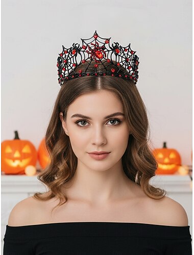  Dámská halloweenská pavučinová koruna s červenými kamínky, gotická tiara, čelenka na kostýmní párty a cosplay
