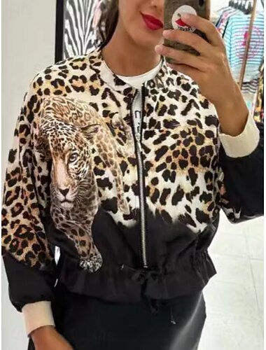  Dámské Letecká bunda Neformální bunda Pohodlné Prodyšné Zip Tisk Na běžné nošení Leopard Dovolená ulice Ležérní Denní nošení Zip Krátké Stojáček Běžný Dlouhý rukáv Svrchní oděvy Černá Bílá Světl