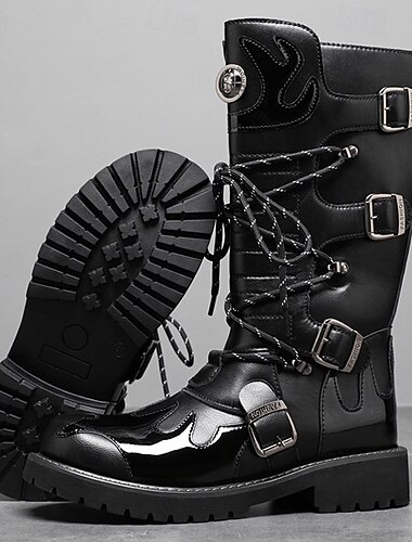  Men's Black Gothic Combat Boots – Tall Lace-Up Motorcycle Boots with Buckle Straps and Rugged Sole for Halloween, Cosplay and Rock Concerts