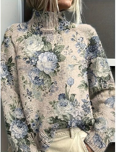  Damskie Sweter Codzienny Miękkie Kwiaty Graficzny Prążkowany Golf Kwiaty Dzianiny Nadruk Długi rękaw Zwykłe topy Robić na drutach Na zewnątrz Codzienny Weekend Jasnoniebieski Jesień Zima
