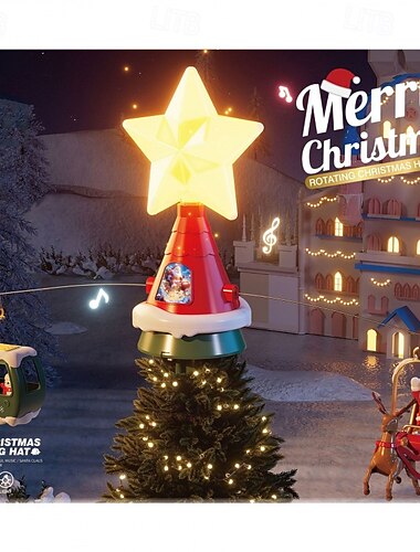  chapeau de Père Noël rotatif pour sapin de Noël avec étoile brillante &notes de musique - décoration de Noël alimentée par USB, traîneau traditionnel du Père Noël en plastique &scène de montagnes