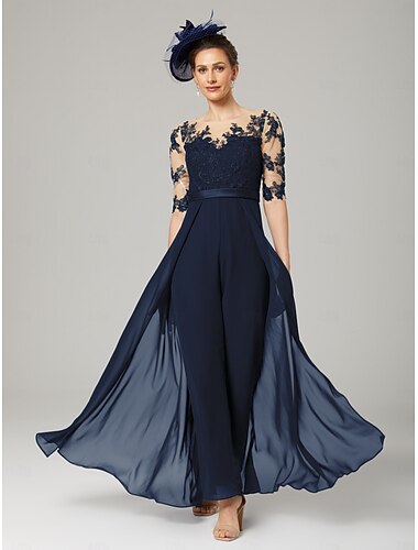  Tuta per la madre della sposa ospite formale di matrimonio elegante festa scollo lunghezza alla caviglia chiffon pizzo maniche 3/4 con applicazioni
