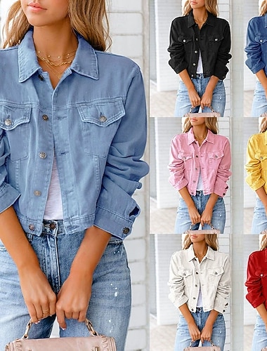 Dam Jeansjacka Bekväm Ficka Knappar Elegant Mode Utomhus Slät Utekväll Ledigt / vardag Helgen Cardigan Normal Kavajslag Normal Långärmad Ytterkläder Svart Vit Gul Vår Höst