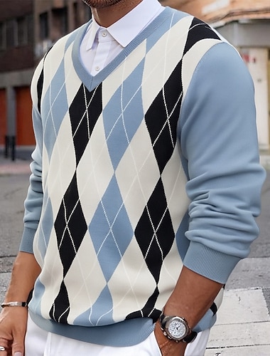  Per uomo Maglione Maglione a maglia A Coste Maglia Top Regolari Lavorato a maglia Plaid Scollo a V Moda Essenziale Vacanza Abbigliamento quotidiano Abbigliamento Autunno Inverno Azzurro S M L